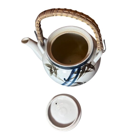 Vintage Japanese Ceramic Teapot With Bamboo Handle & Painted Bamboo Design - Picture 4 of 7